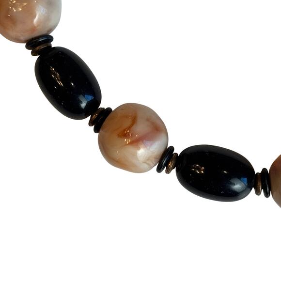 Pauline Rader Vintage Beaded Necklace Black Cream Marbled 32” Signed Statement - Picture 5 of 11